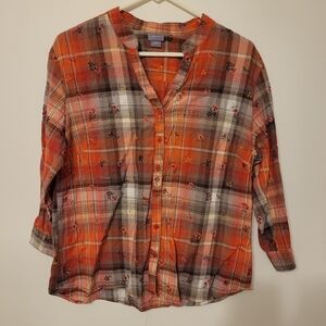 Laura Scott Cotton Floral Check Pattern Plaid Button-Up Shirt Red and Gray Large